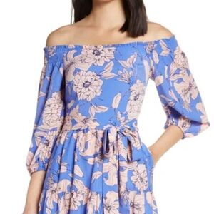 Eliza J Blue Floral Off-Shoulder Dress